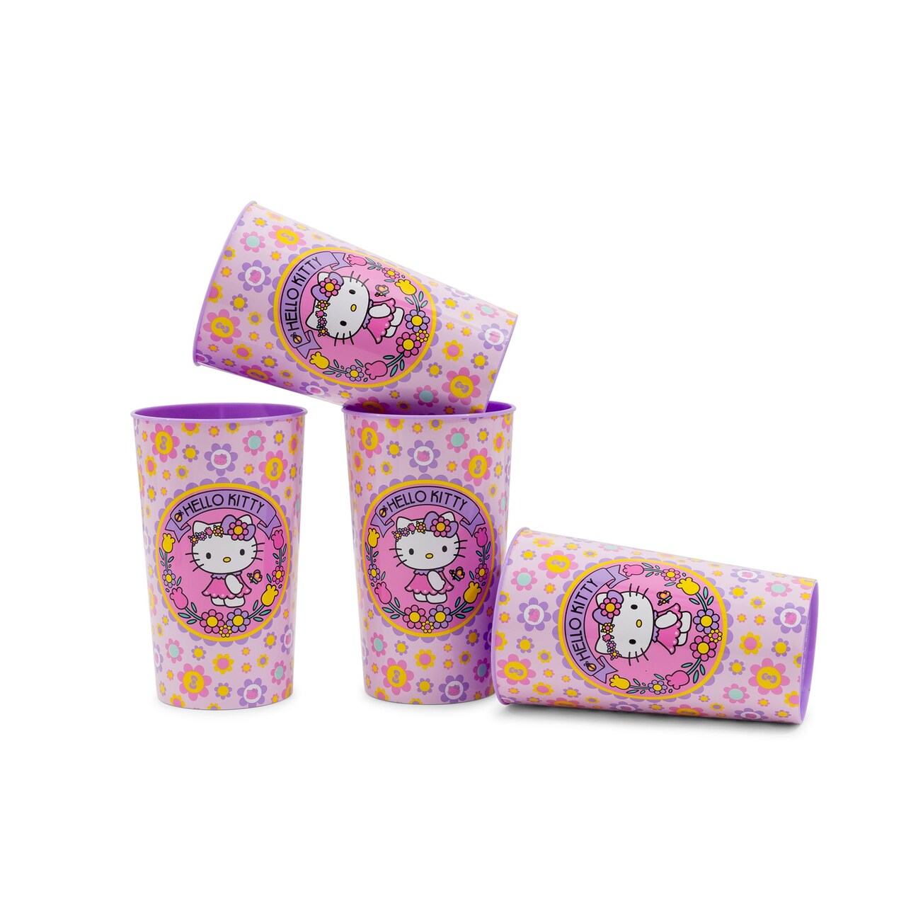 Sanrio Hello Kitty Flowers 4-Piece Plastic Cup Set | Each Holds 22 Ounces